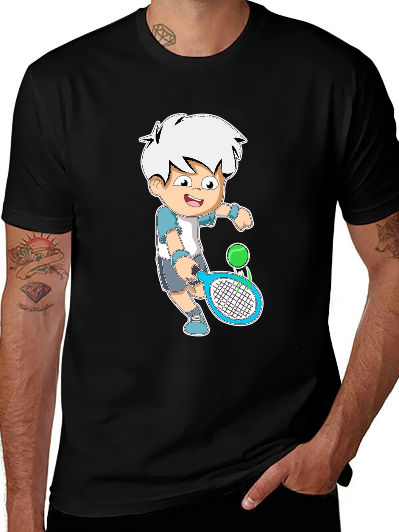 Variant 2 of Cartoon Tennis Player Black T-Shirt