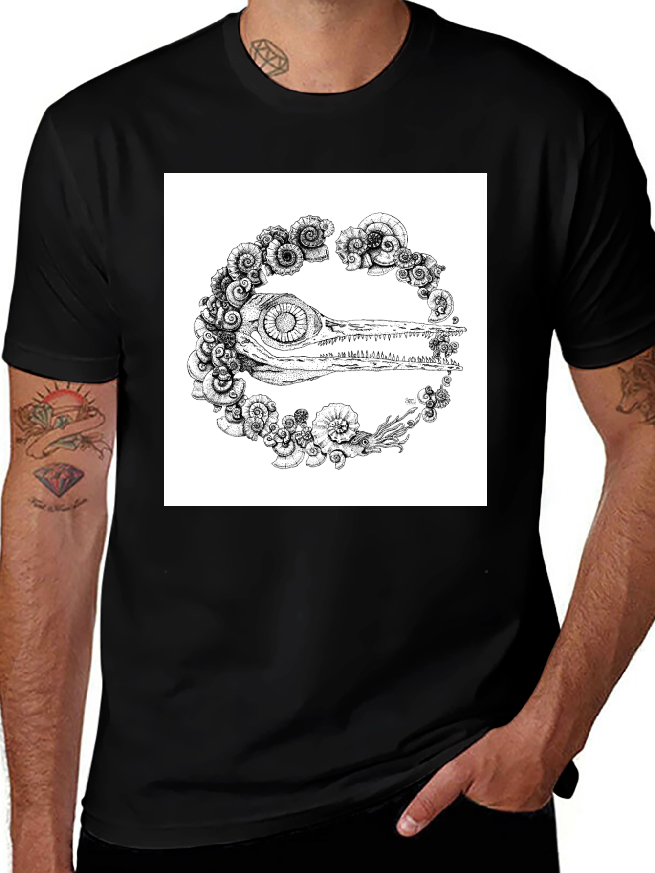 Variant 13 of Black T-Shirt with Sea Fossil Design