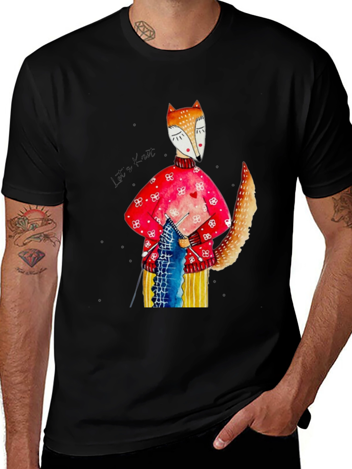 Variant 14 of Fox Knitting Graphic Tee - Unique Artistic Design