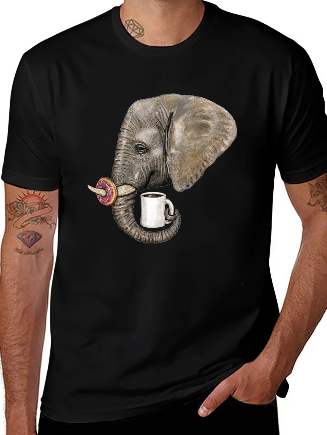 Variant 24 of Elephant with Donut and Coffee T-Shirt - Unique Graphic Tee