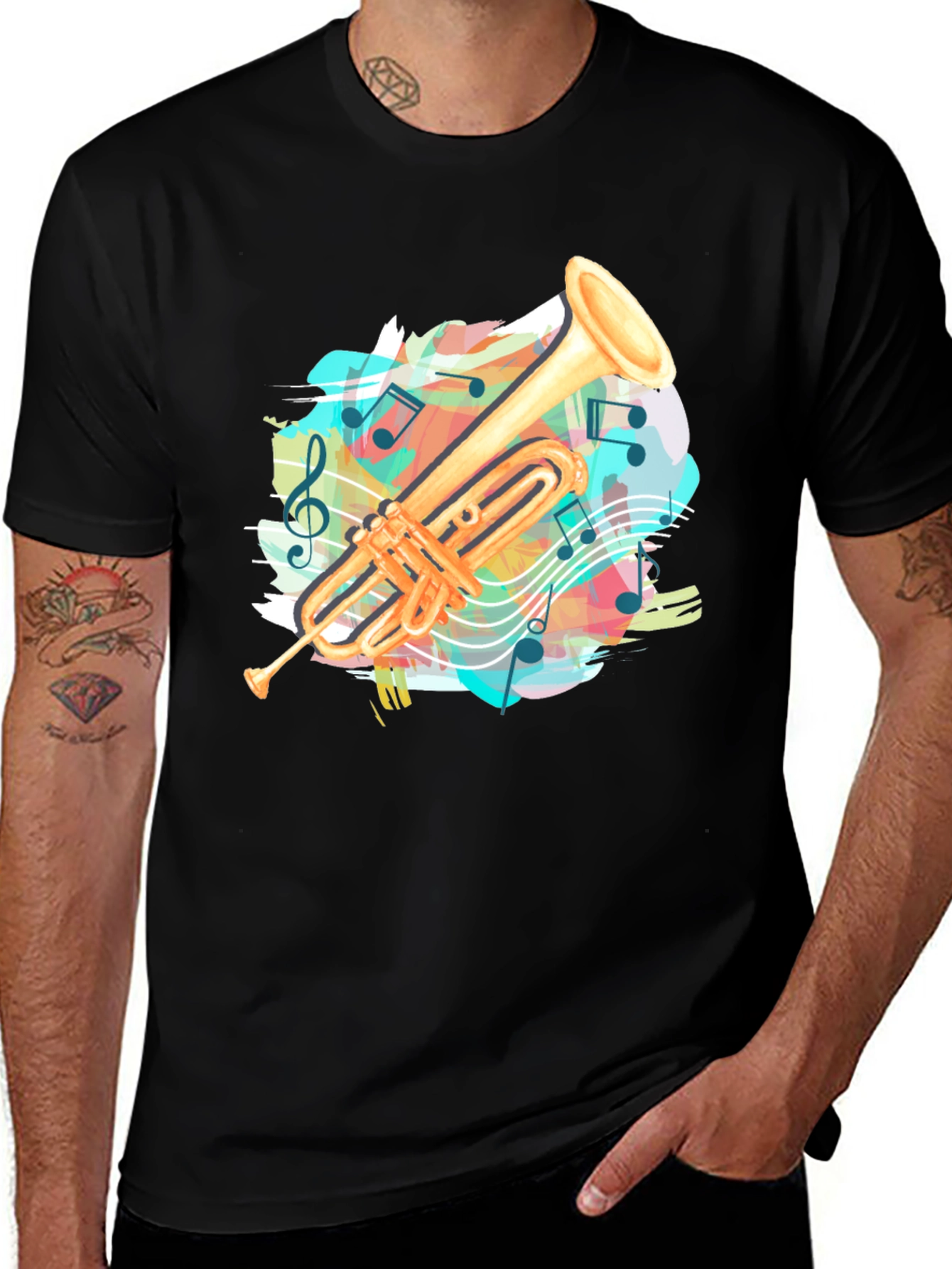 Variant 20 of Trumpet Music Notes Graphic Tee - Black Casual T-Shirt