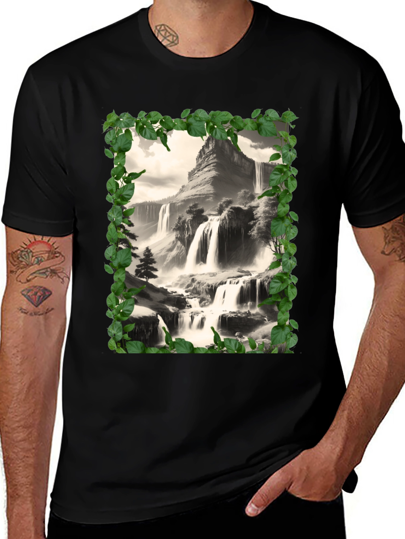 Waterfall Scenic Black T-Shirt