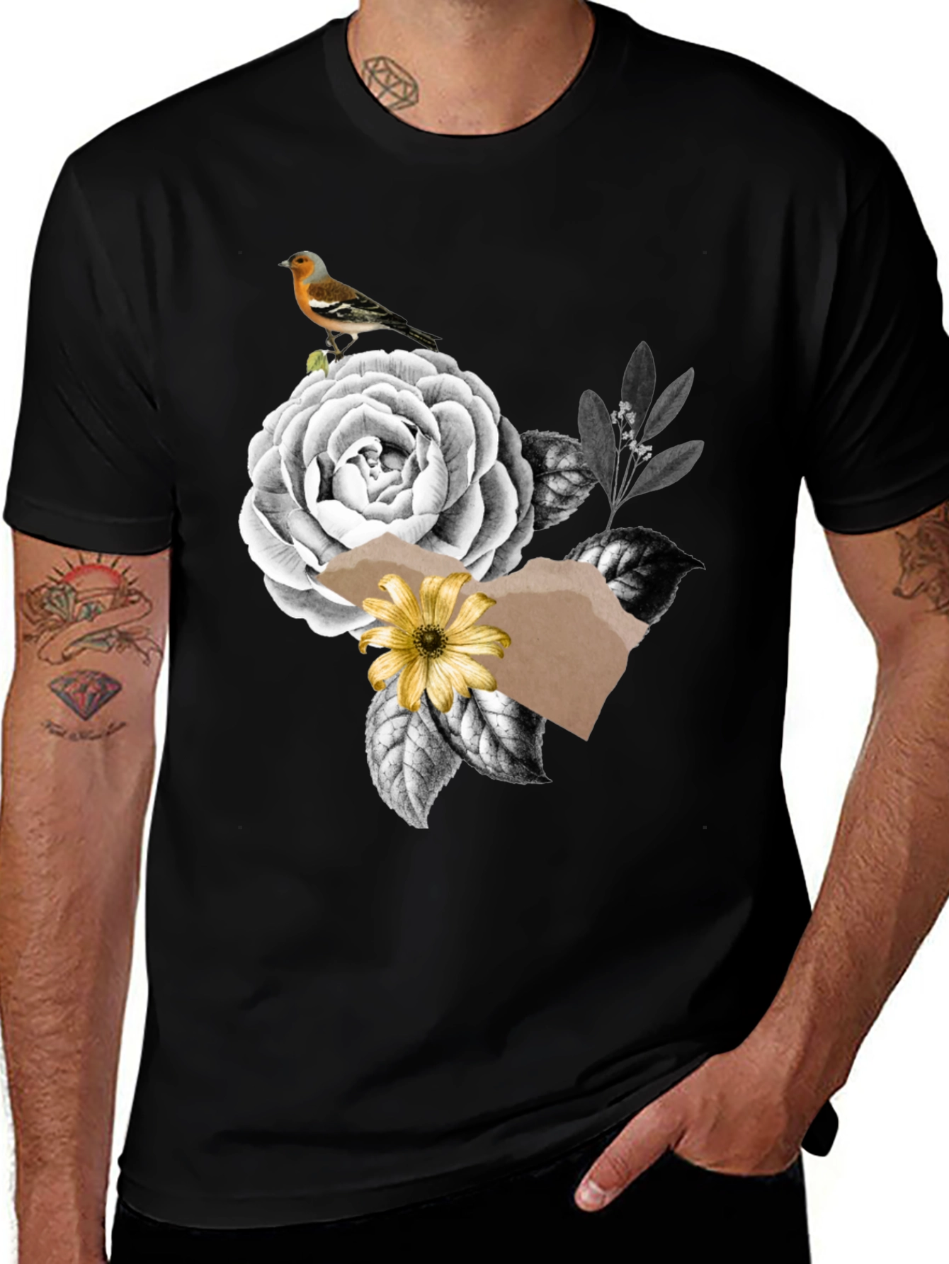 Variant 28 of Floral Bird Graphic Tee - Stylish Men's Black T-Shirt