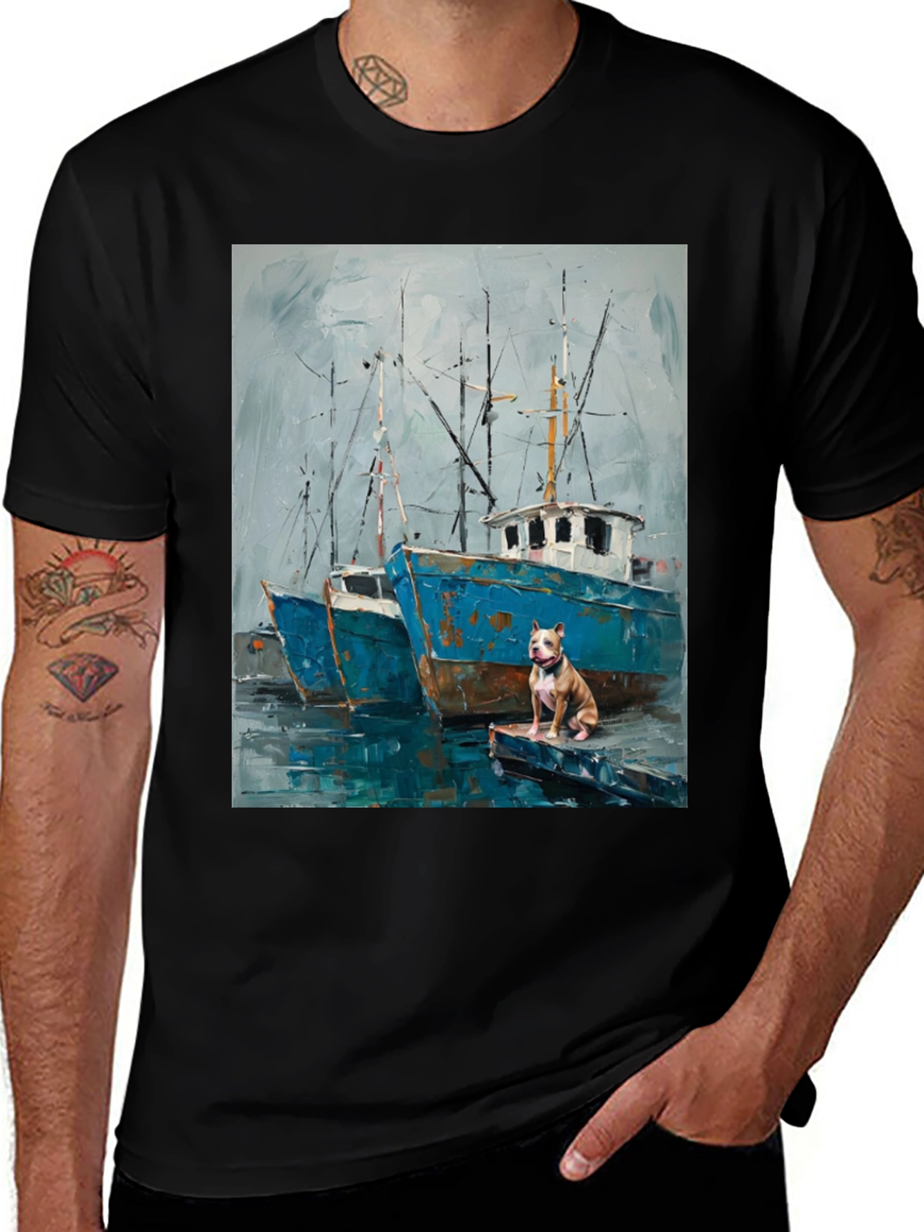 Variant 27 of Dog on Boat Painting Graphic Tee - Unique Art T-Shirt