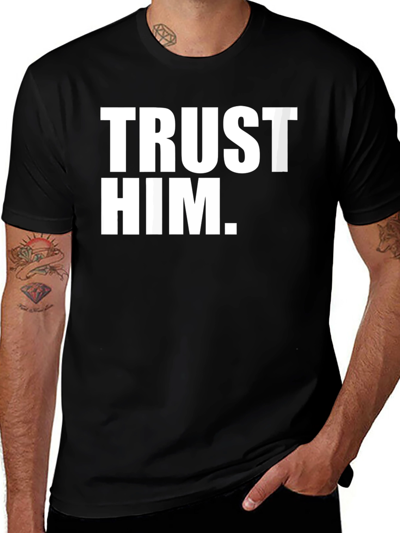 Variant 27 of Trust Him Graphic Tee - Men's Black Cotton T-Shirt