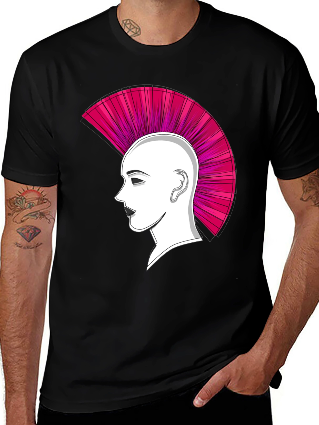 Variant 25 of Punk Hairstyle Graphic Tee - Black Cotton T-Shirt