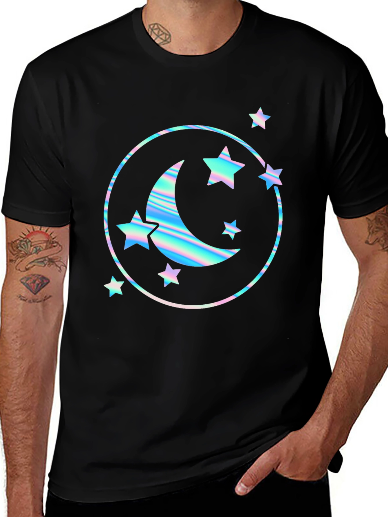 Black Holographic Moon & Stars Graphic Tee - Black main image