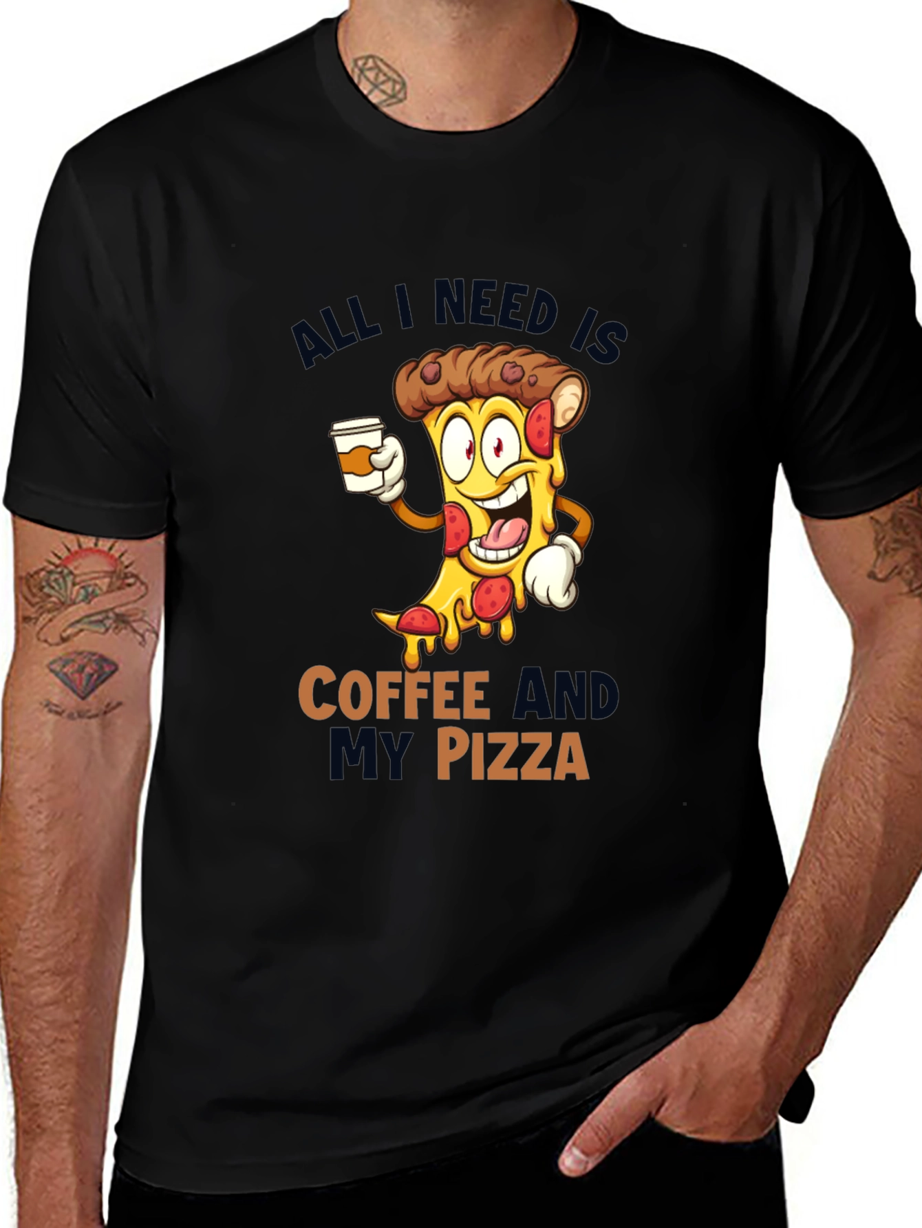 Variant 25 of Coffee and Pizza Cartoon Black T-Shirt