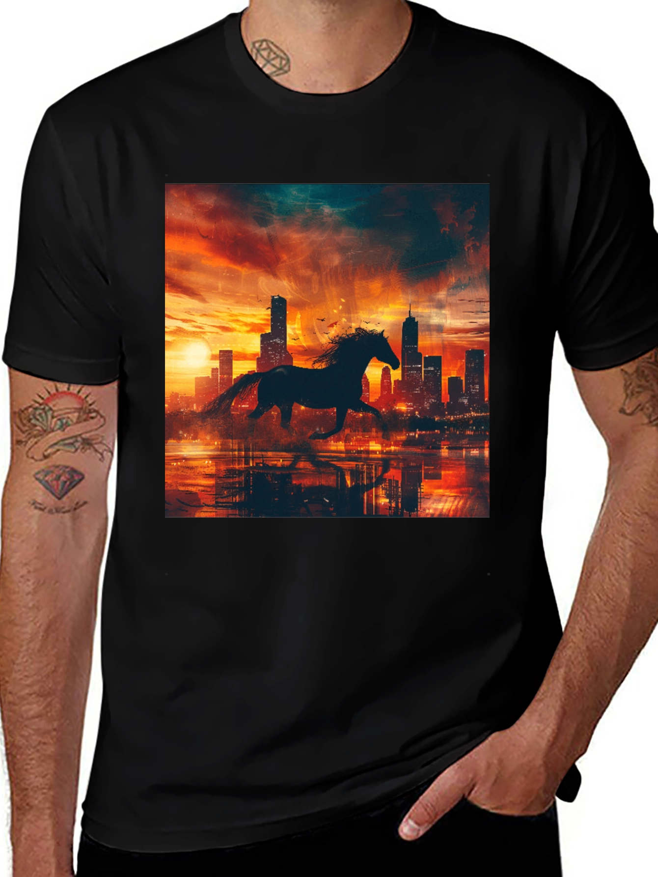 Variant 2 of Horse in Cityscape Graphic Tee - Stylish Black T-Shirt