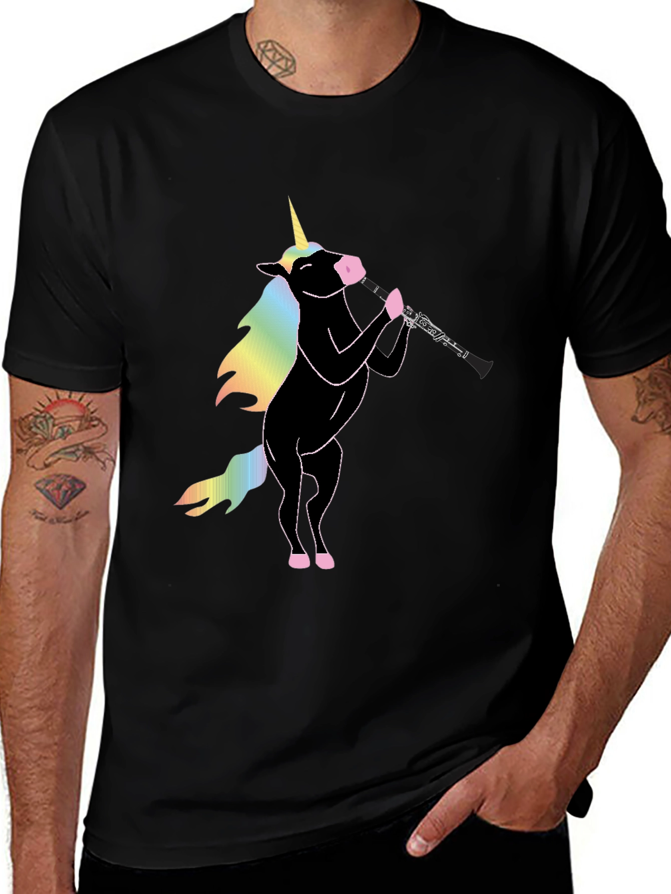 Variant 11 of Unicorn Oboe Player T-Shirt - Black Cotton Tee