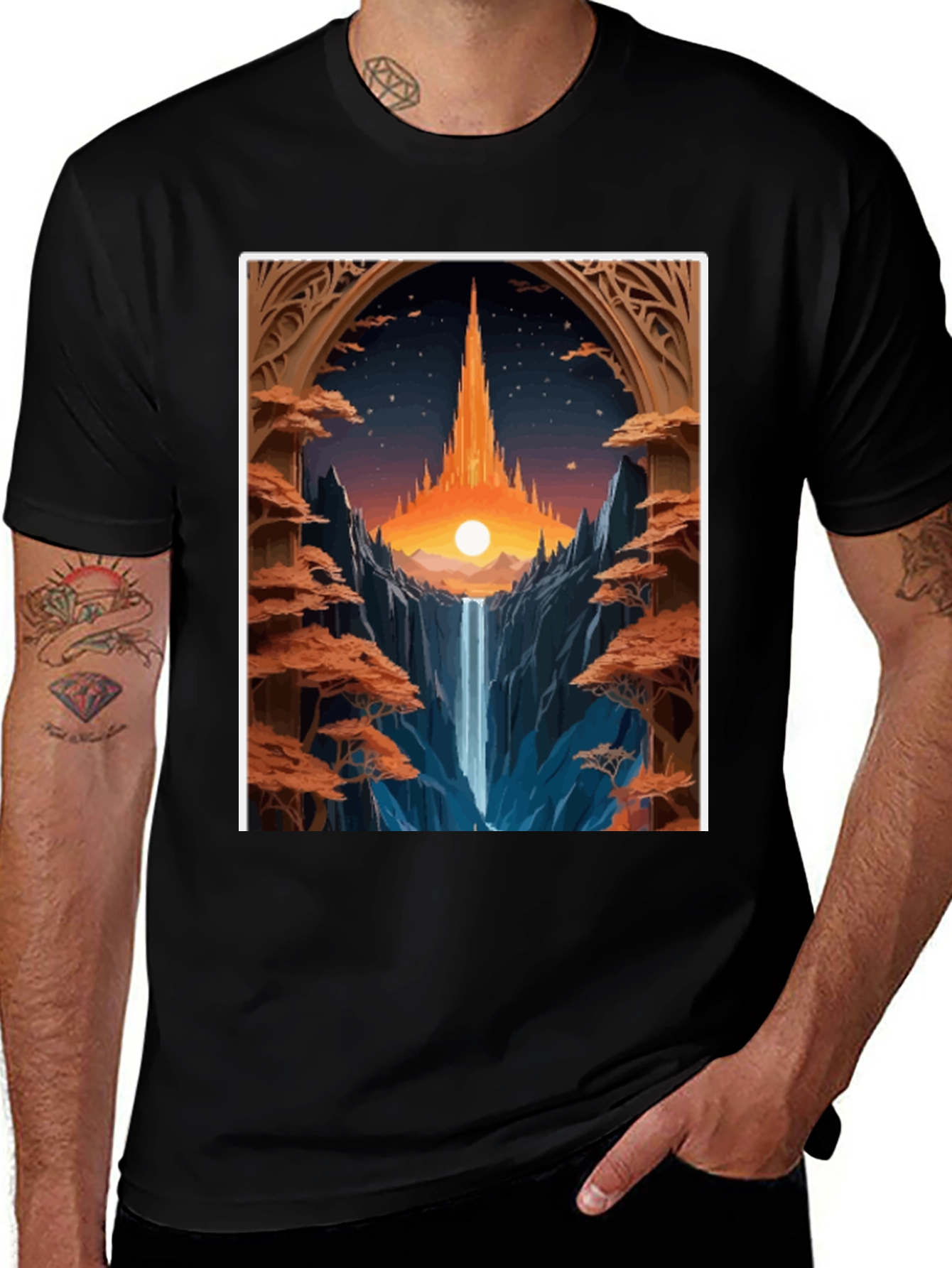 Variant 7 of Fantasy Landscape Graphic Tee - Black Cotton Blend