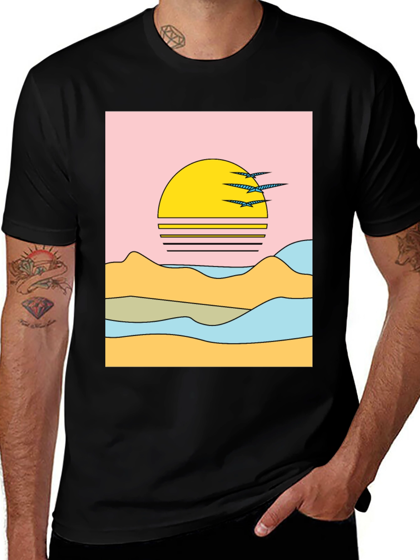 Variant 17 of Retro Sunset Graphic Tee - Black Cotton Comfort