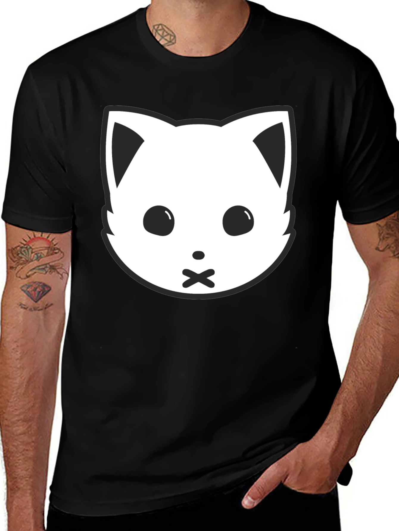 Variant 2 of Black Cat Face Graphic Tee - Silent Kitty Style