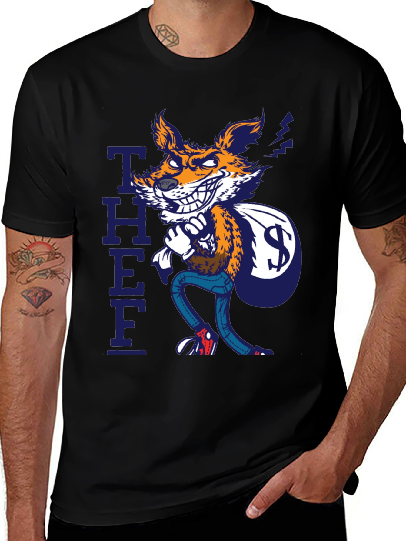 Variant 19 of Cartoon Thief Fox Graphic Tee - Black