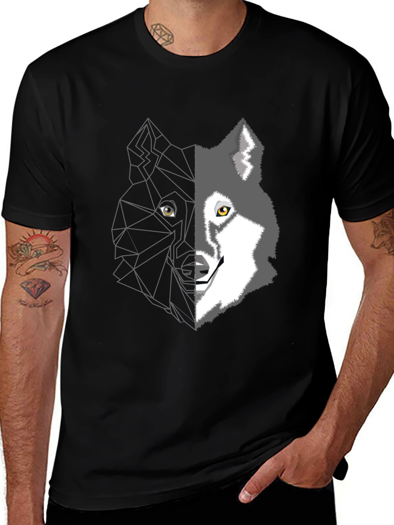Variant 14 of Geometric Wolf Graphic Tee - Men's Black T-Shirt