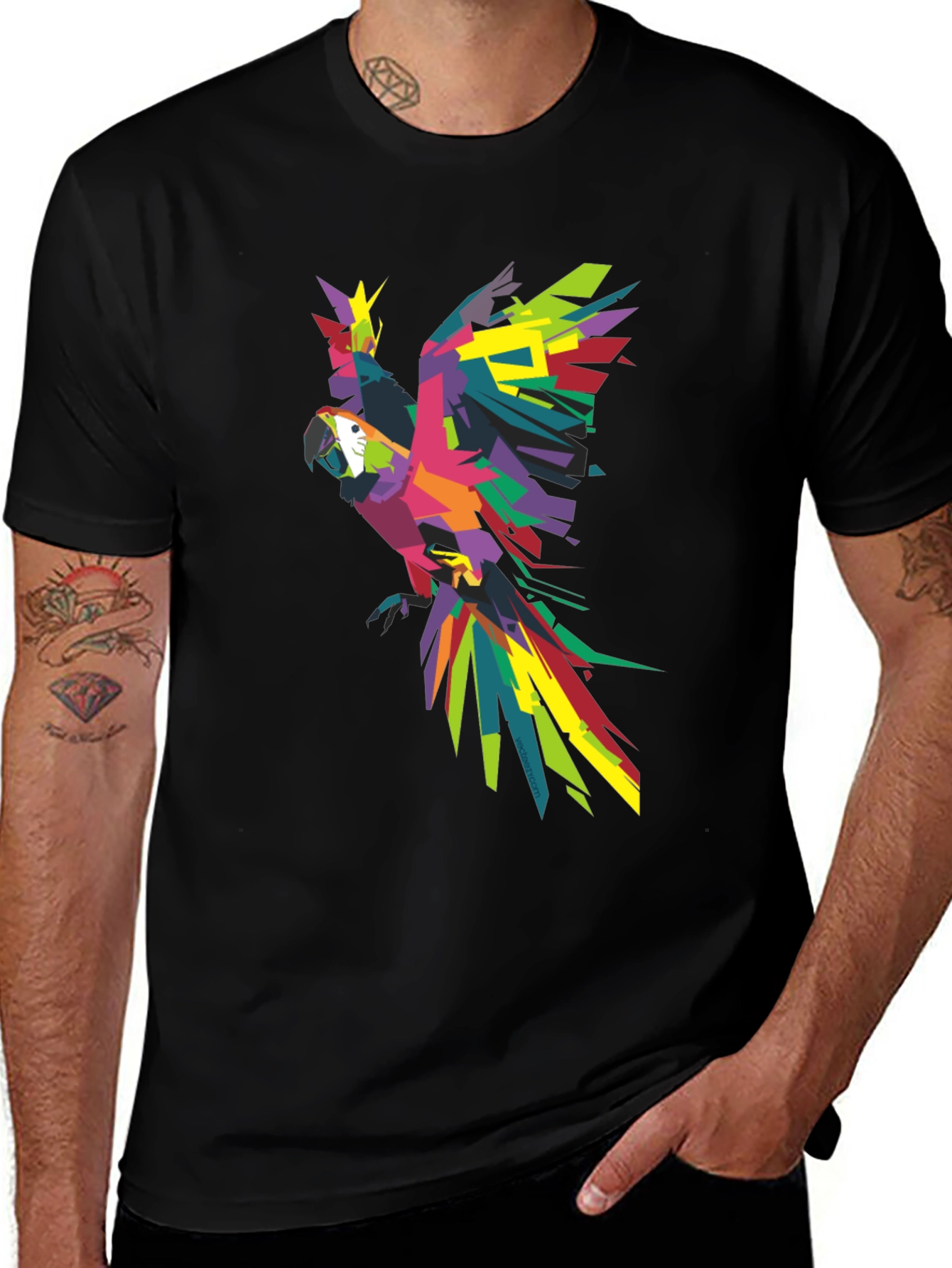 Variant 15 of Colorful Parrot Graphic Black T-Shirt