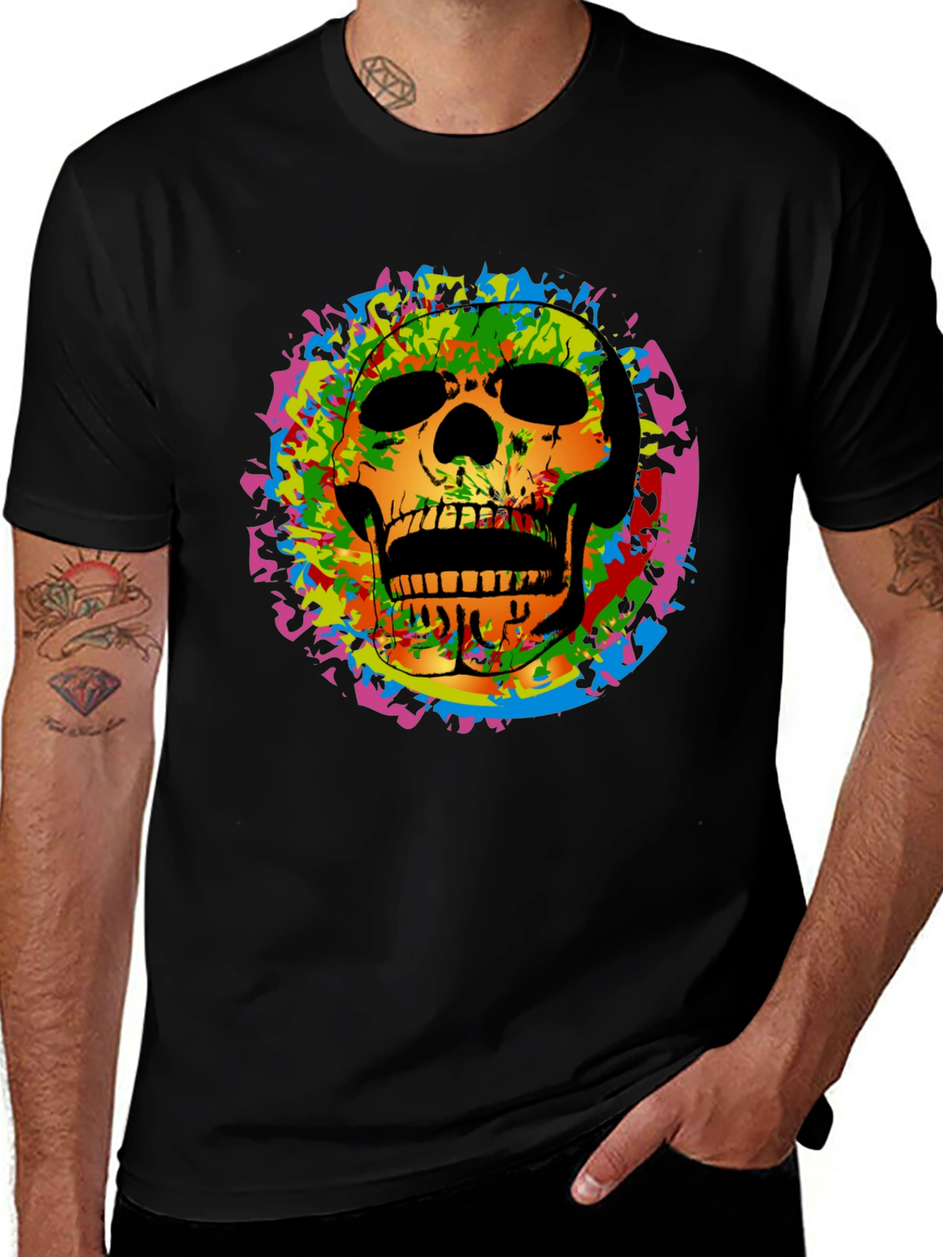 Variant 3 of Colorful Skull Graphic Tee - Edgy Men's Black T-Shirt