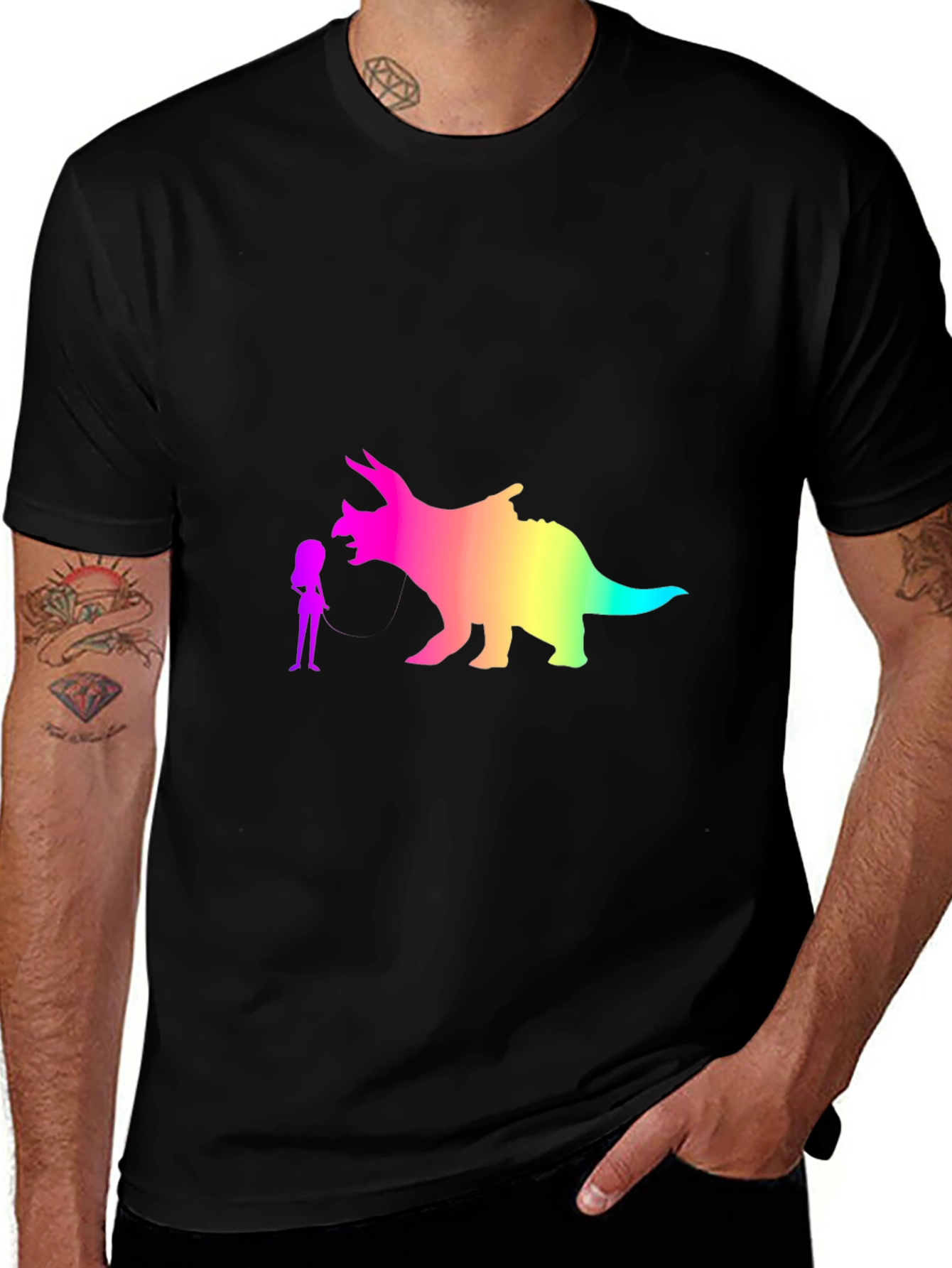 Variant 29 of Dino & Girl Graphic Tee - Rainbow Colors