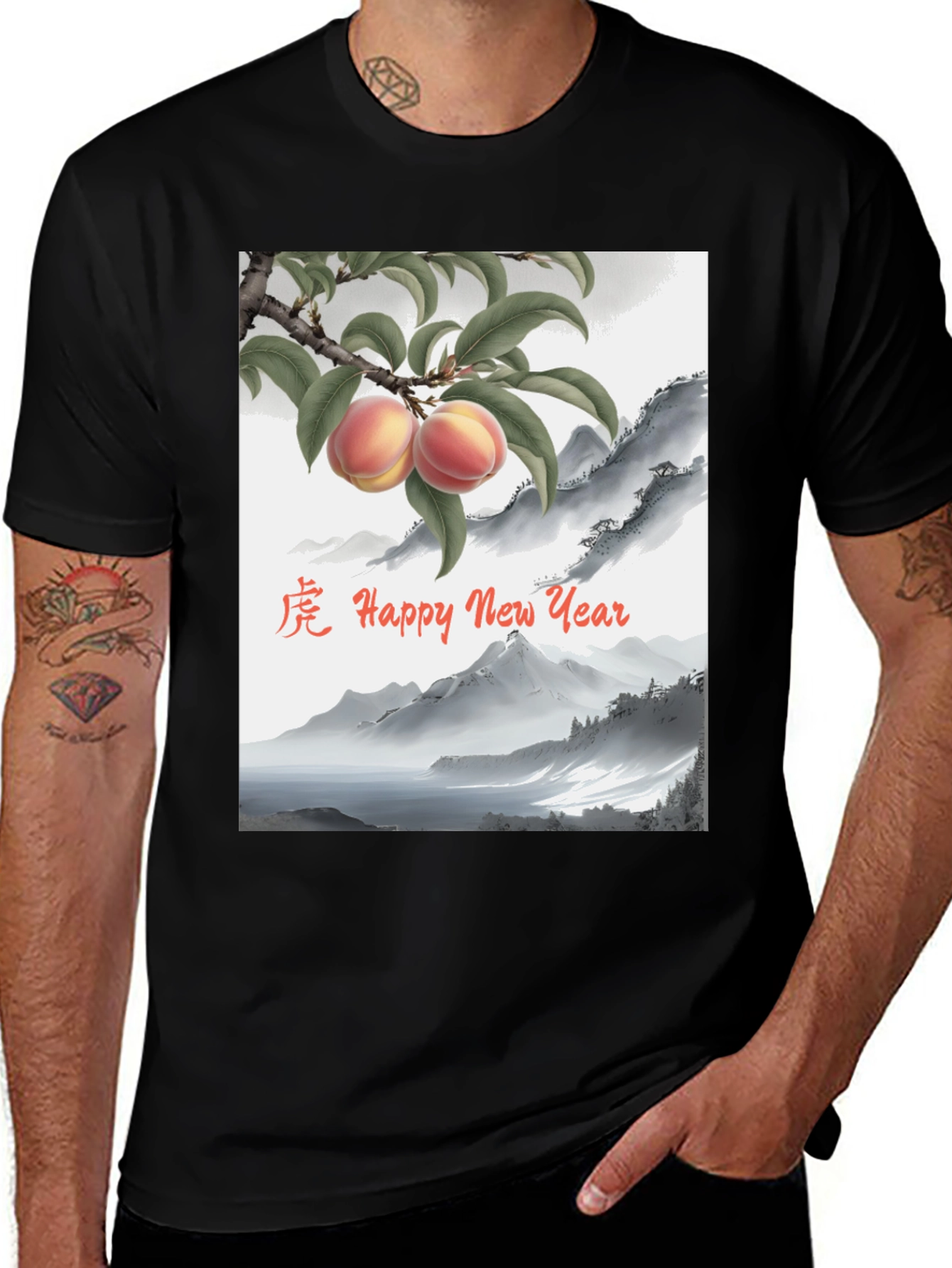 Lunar New Year Black T-Shirt with Mountain and Peach Tree Design