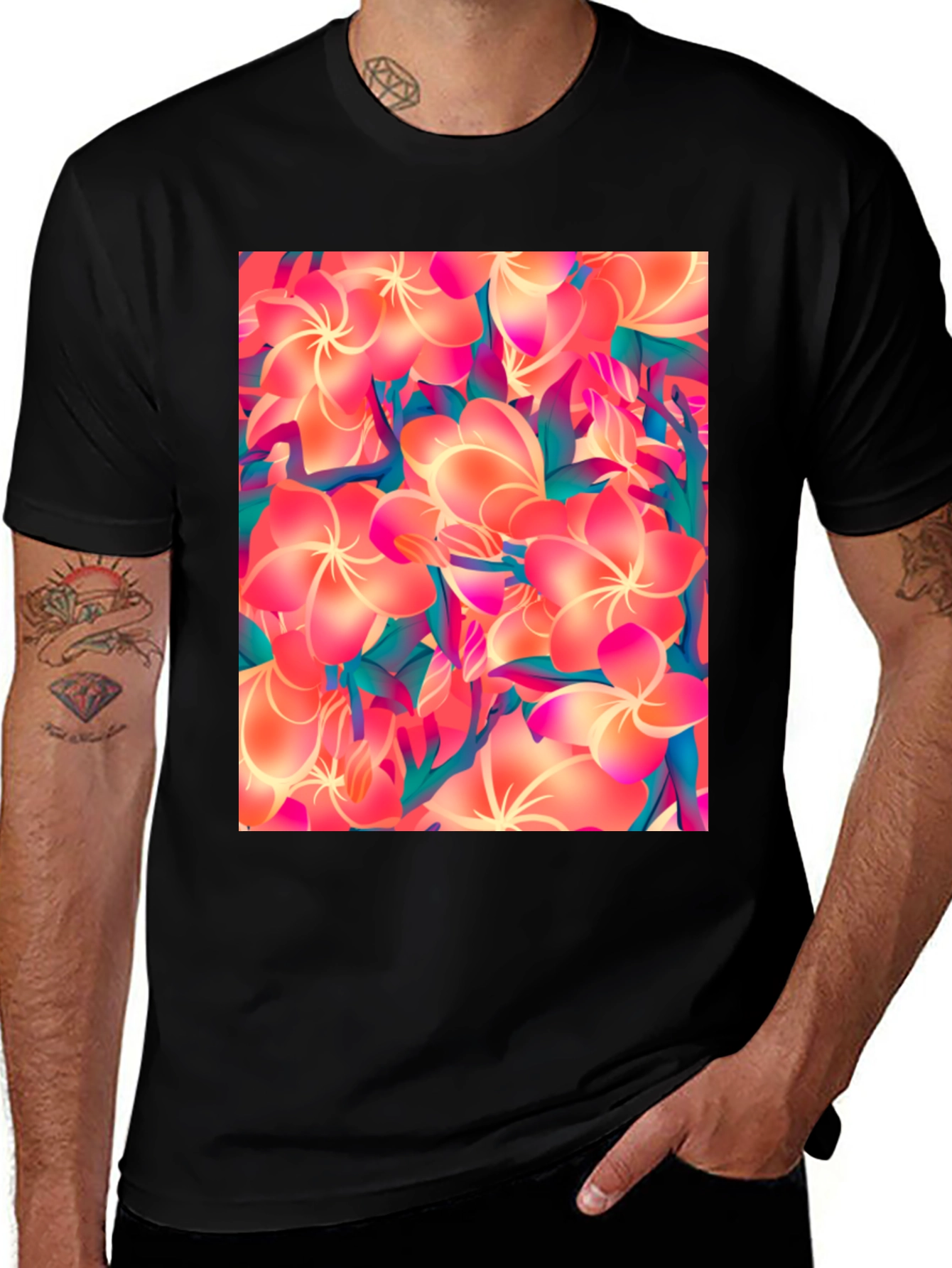 Variant 24 of Tropical Floral Print Black T-Shirt