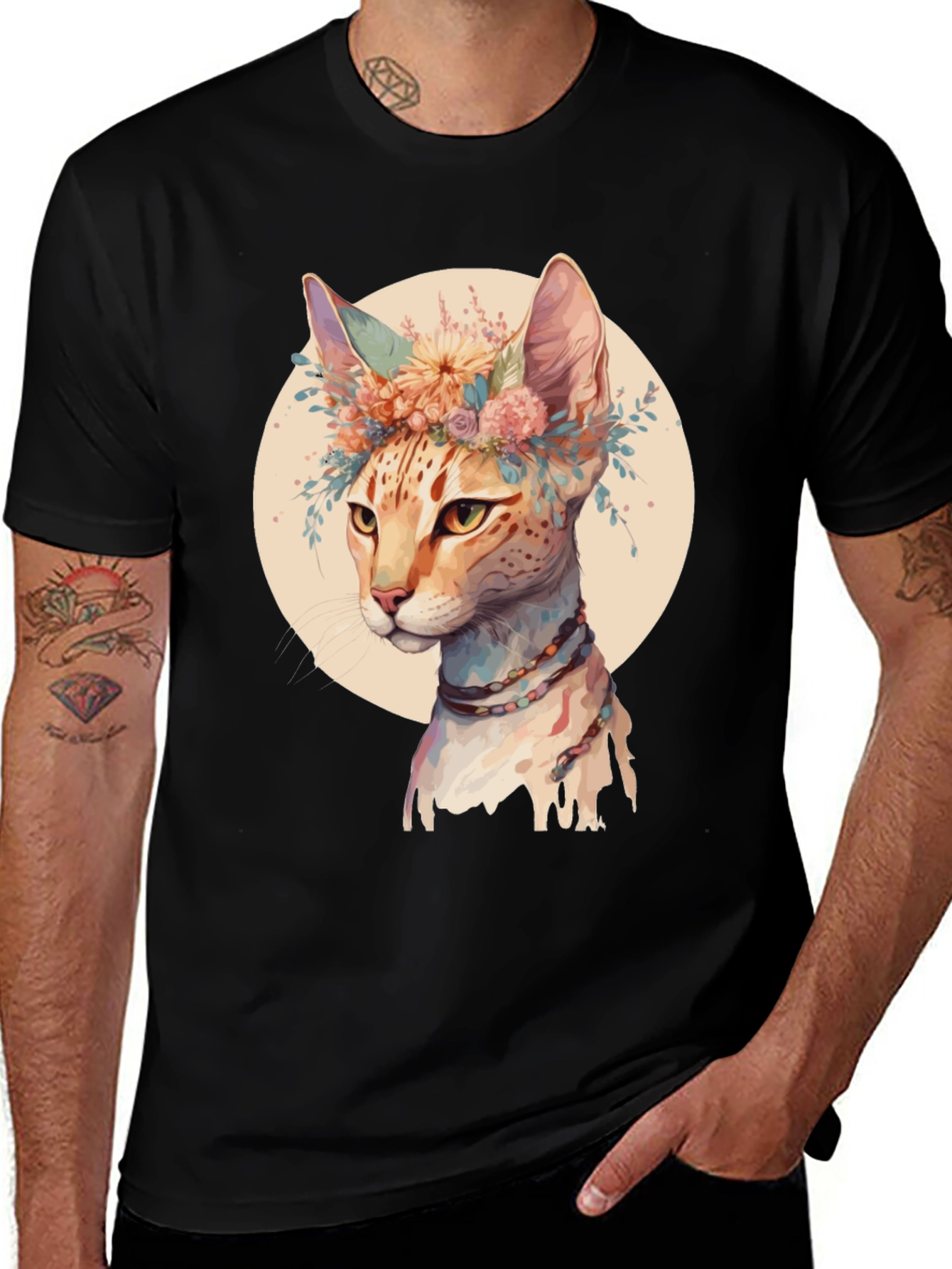 Variant 14 of Boho Cat T-Shirt - Floral Crown Design