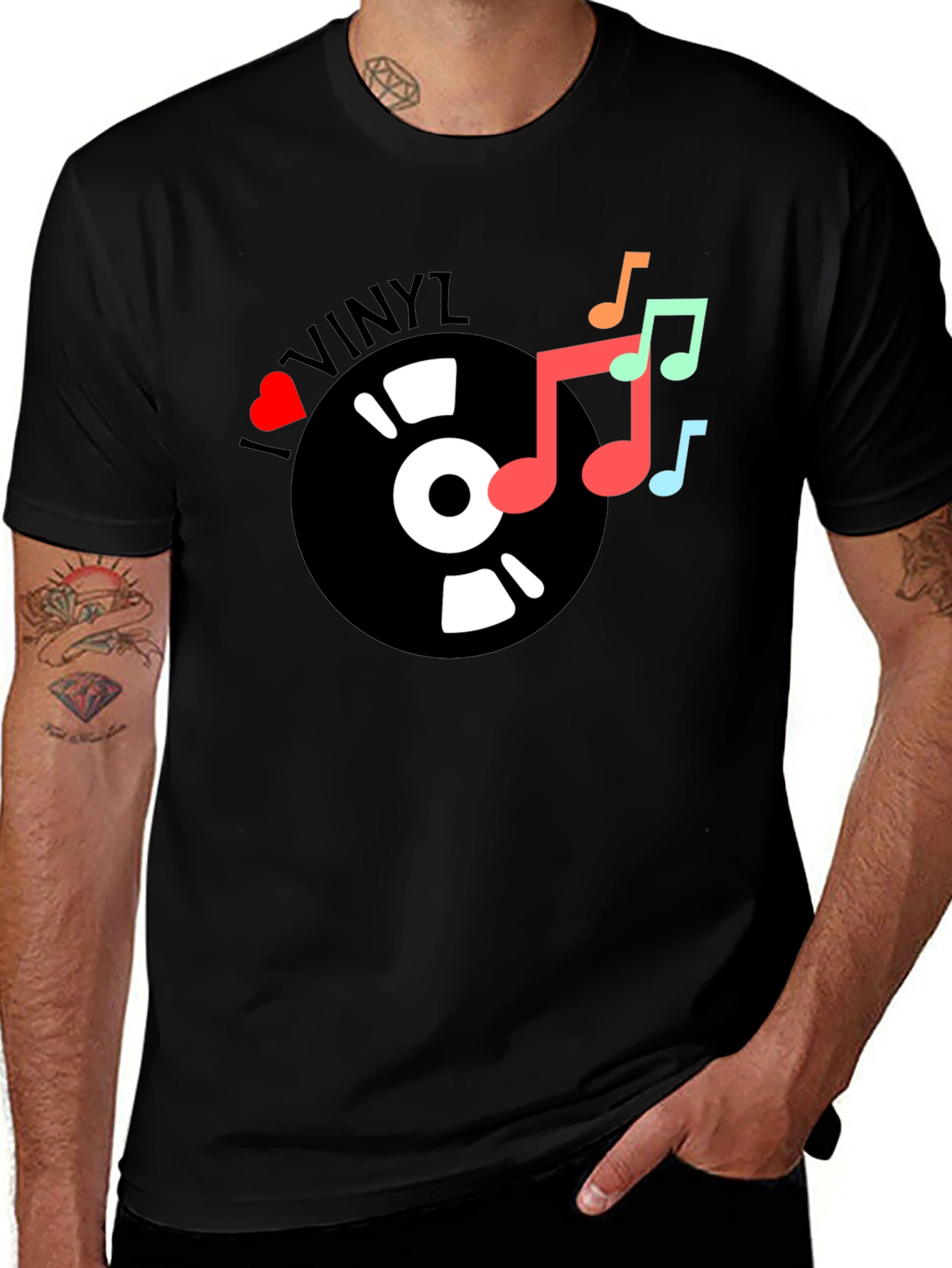Variant 4 of I Love Vinyl Music T-Shirt - Retro Record & Notes Design