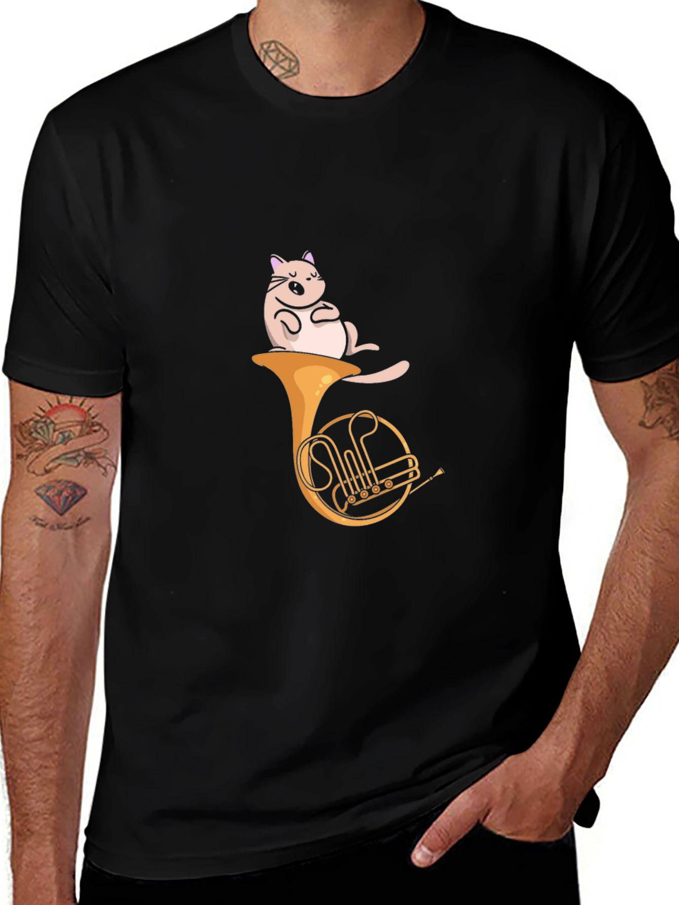 Variant 19 of Cat on French Horn Black T-Shirt - Unique Music Tee