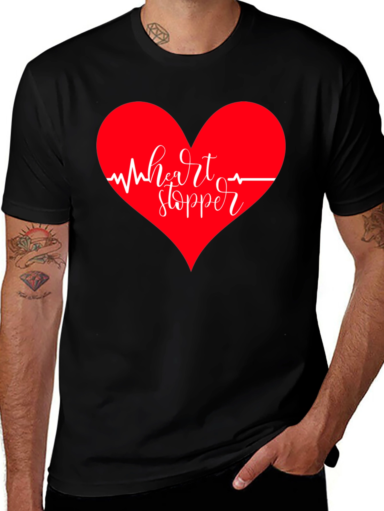 Heartstopper T-Shirt - Red Heart & EKG Design - Black Tee