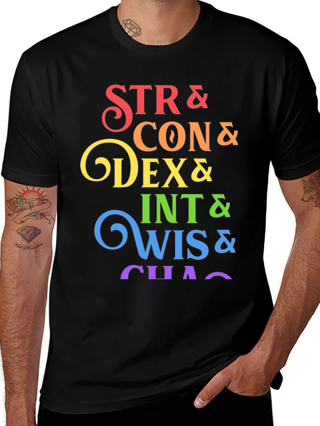 Variant 20 of D&D Stats Rainbow Graphic Black T-Shirt