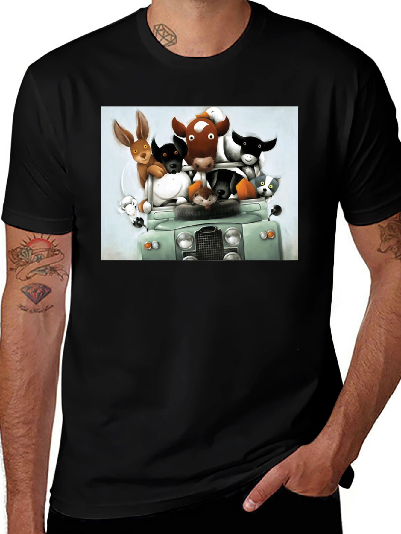 Variant 28 of Cartoon Animal Car Ride Black T-Shirt