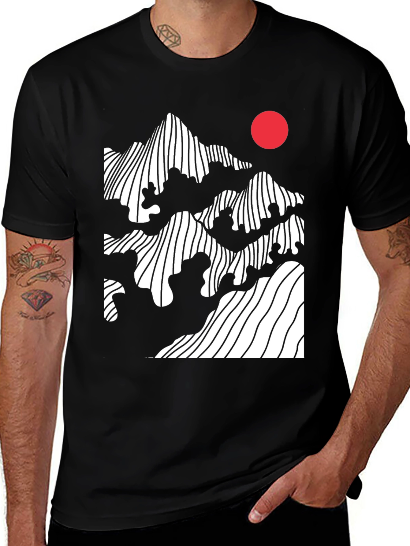 Variant 7 of Abstract Mountain & Sun Graphic Tee - Modern Black T-Shirt