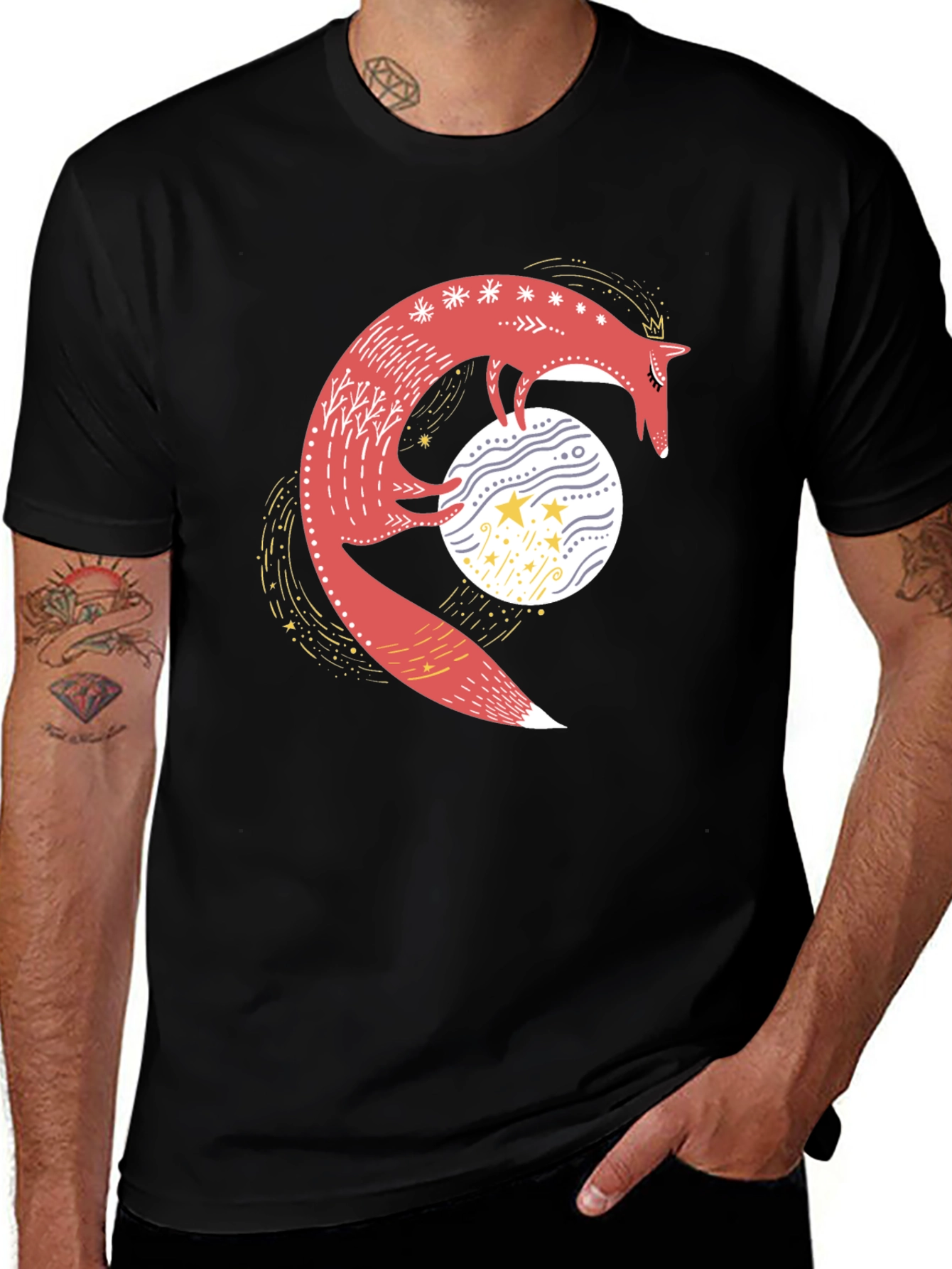 Variant 22 of Whimsical Fox & Moon Graphic Tee - Black Cotton Blend