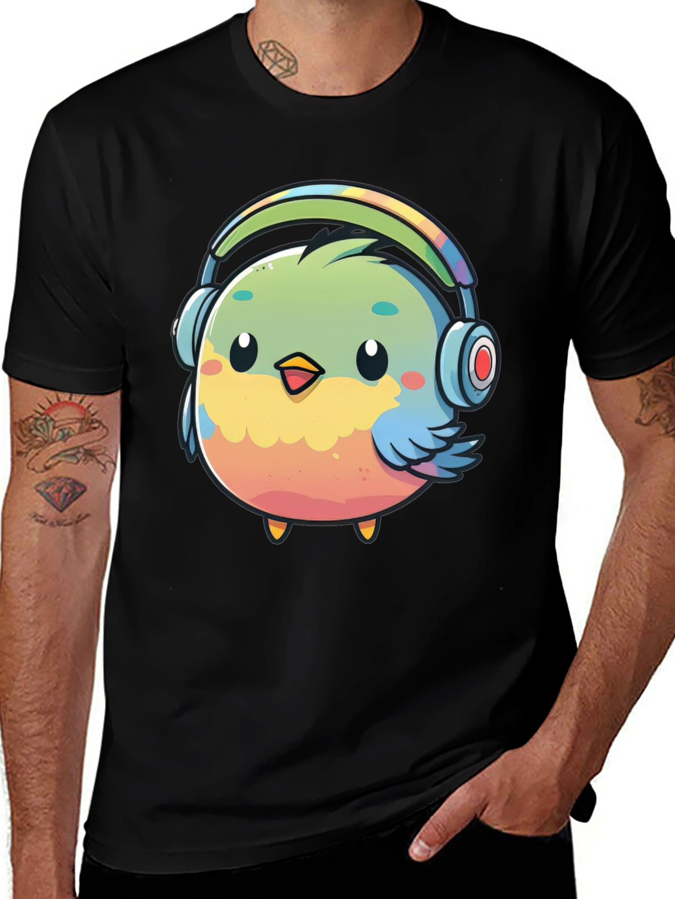 Variant 3 of Cute Bird with Headphones Black T-Shirt