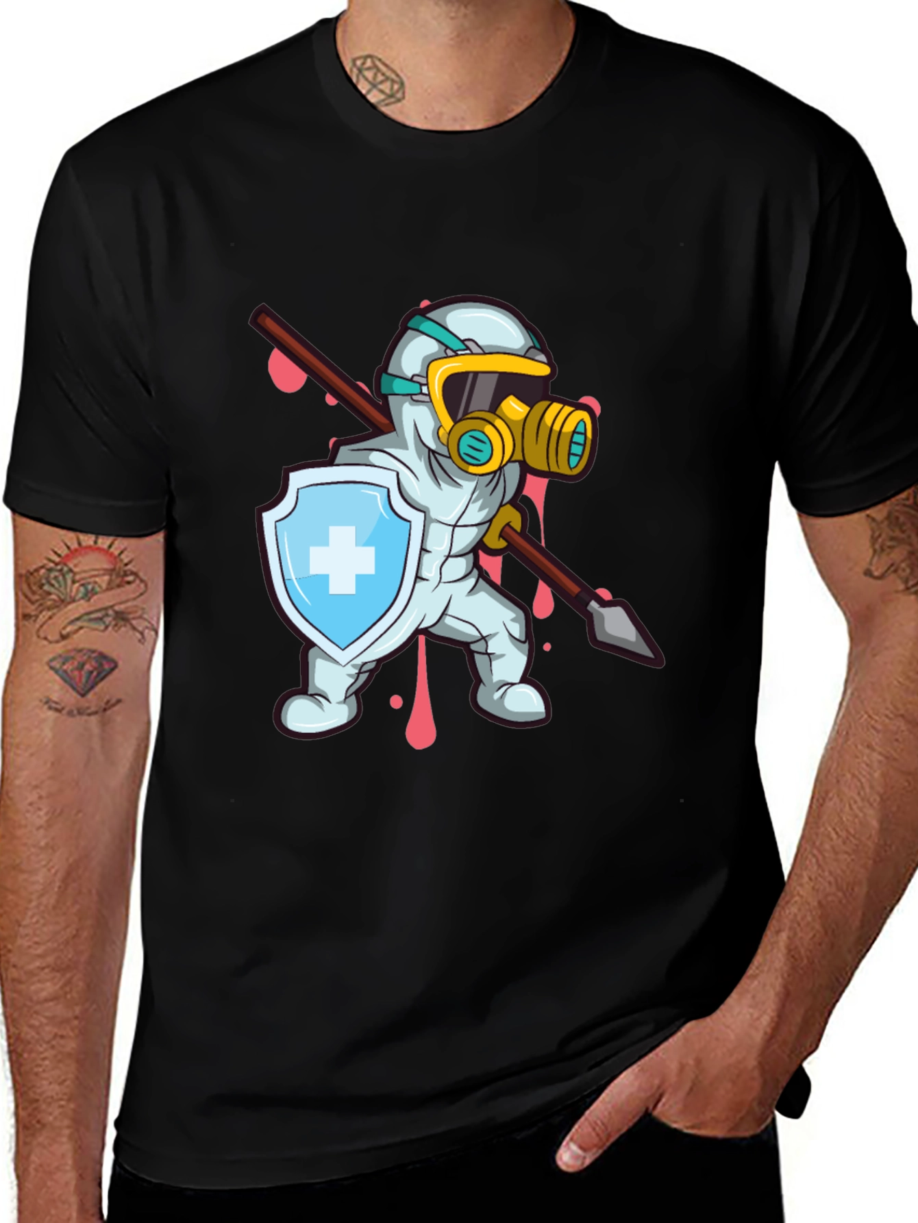 Protective Hero T-Shirt, Shield, Spear, Cartoon Style