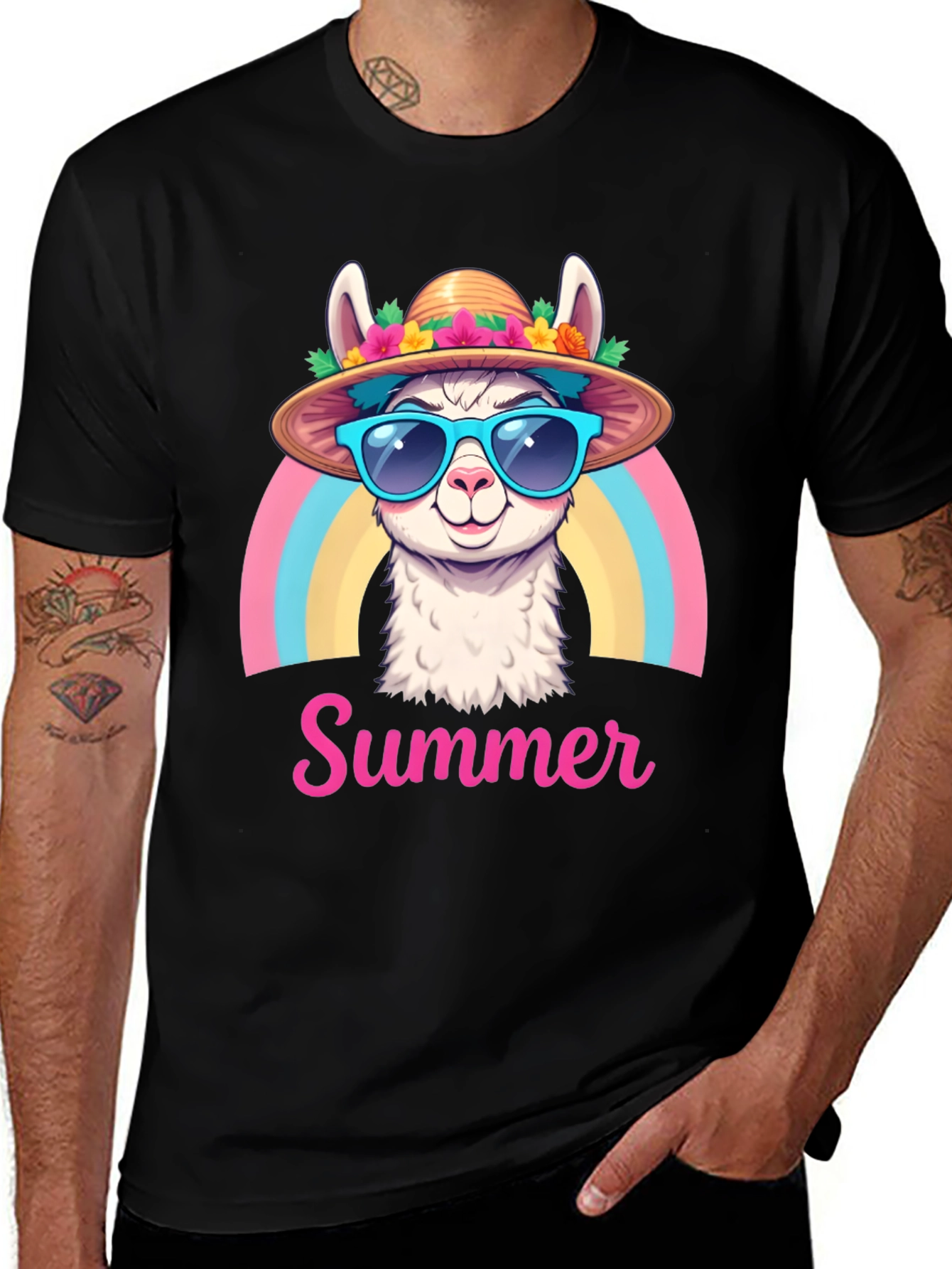 Summer Llama T-Shirt Rainbow Hat Sunglasses