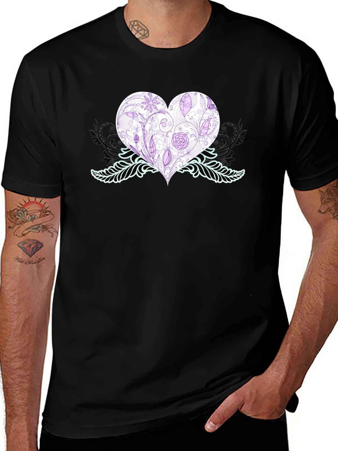 Variant 9 of Floral Heart Graphic T-Shirt - Black