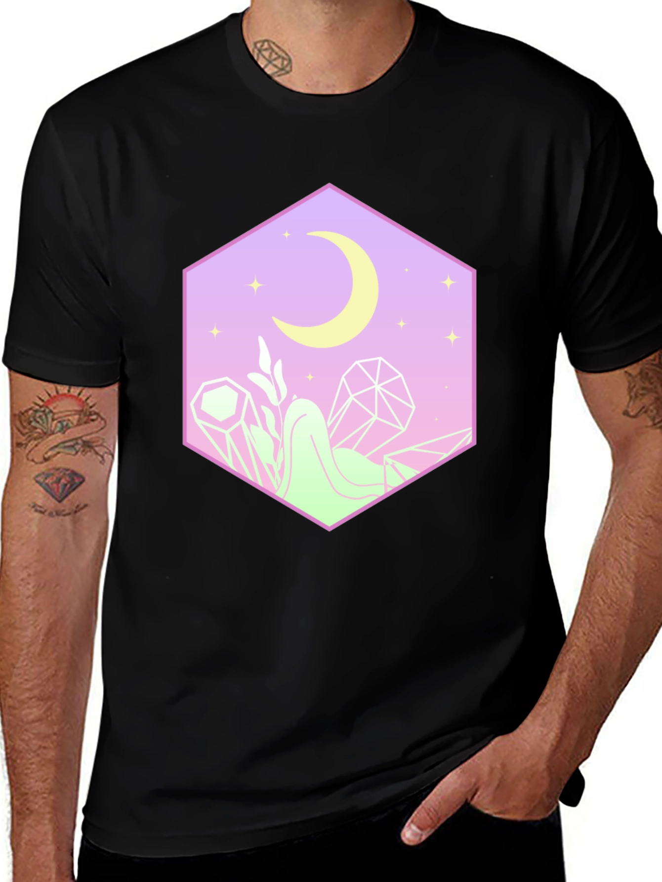 Variant 16 of Mystical Moon Hexagon Graphic Tee - Black Cotton Blend