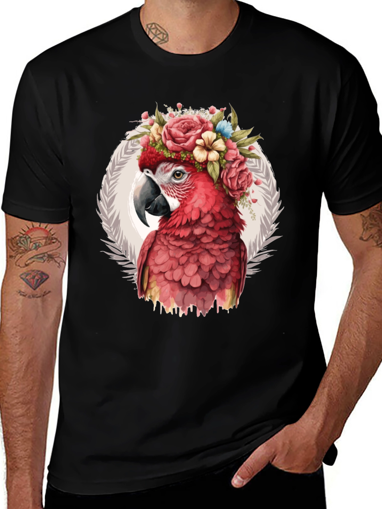 Variant 24 of Parrot in Bloom Graphic Tee - Men's Black T-Shirt