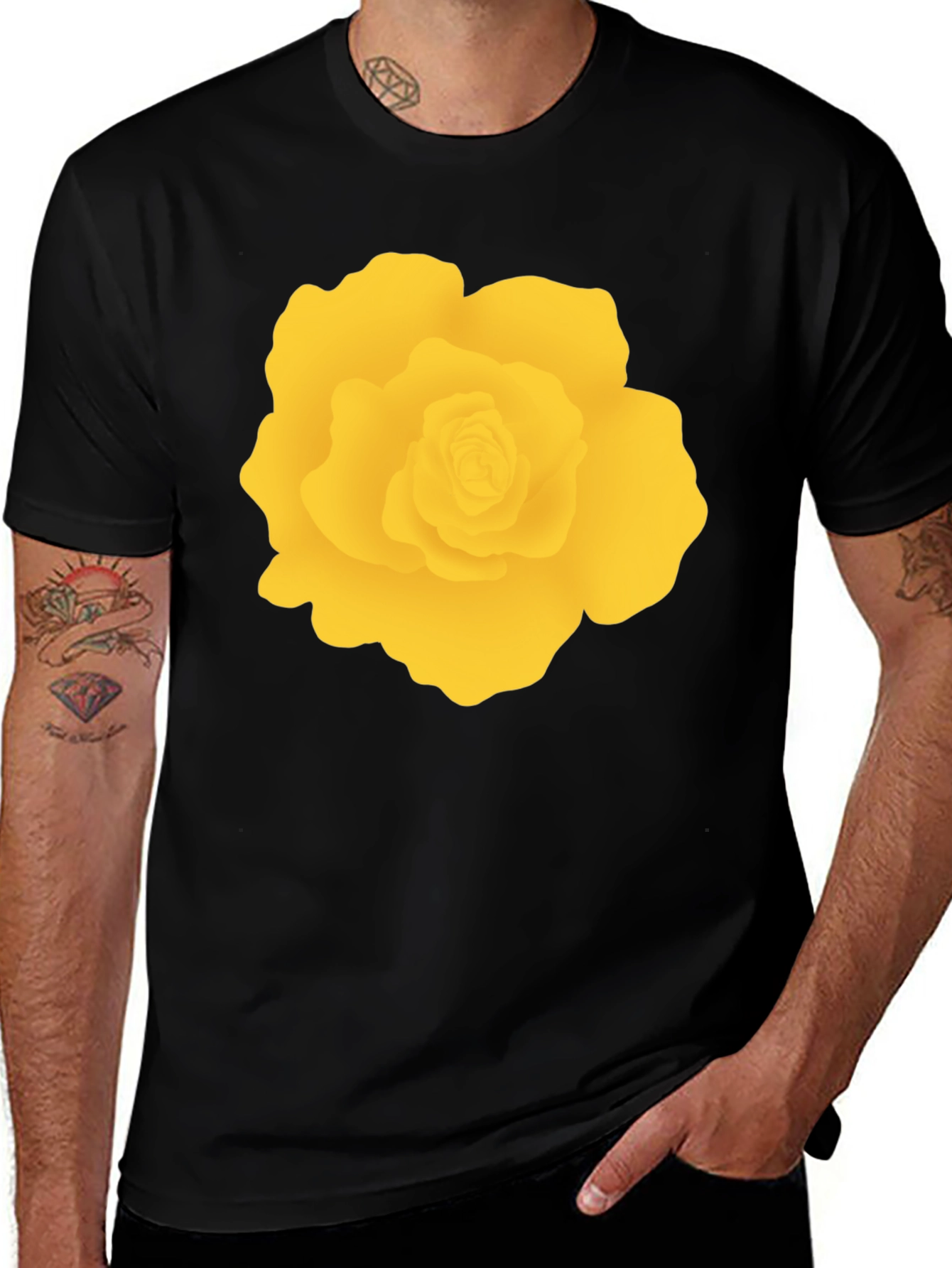 Black T-Shirt with Yellow Rose Graphic