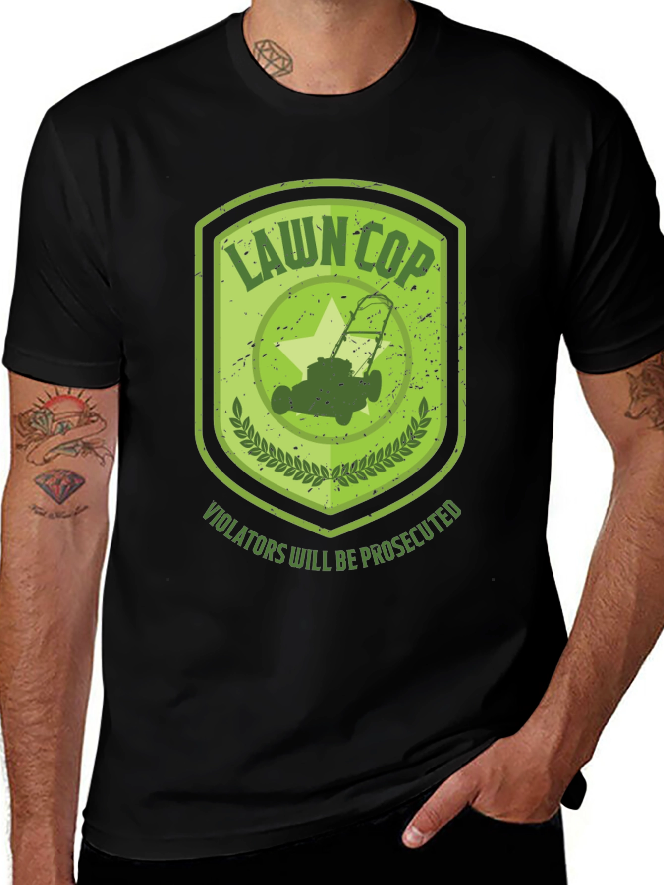 Variant 13 of Lawn Cop Graphic T-Shirt - Funny Lawnmower Design