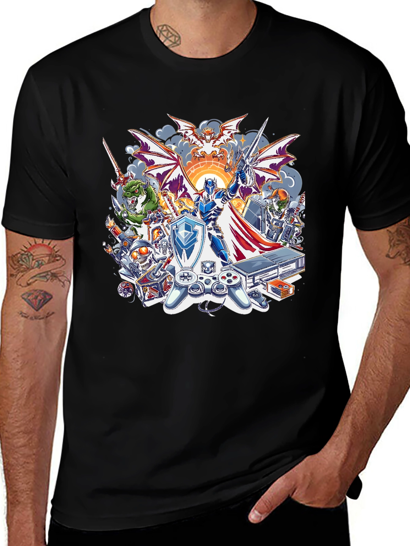 Retro Gaming T-Shirt - Knight & Console Design