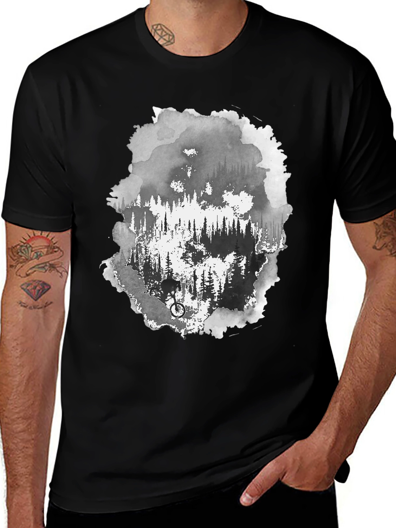 Variant 14 of Mountain Biker Forest Graphic Tee - Black Cotton T-Shirt