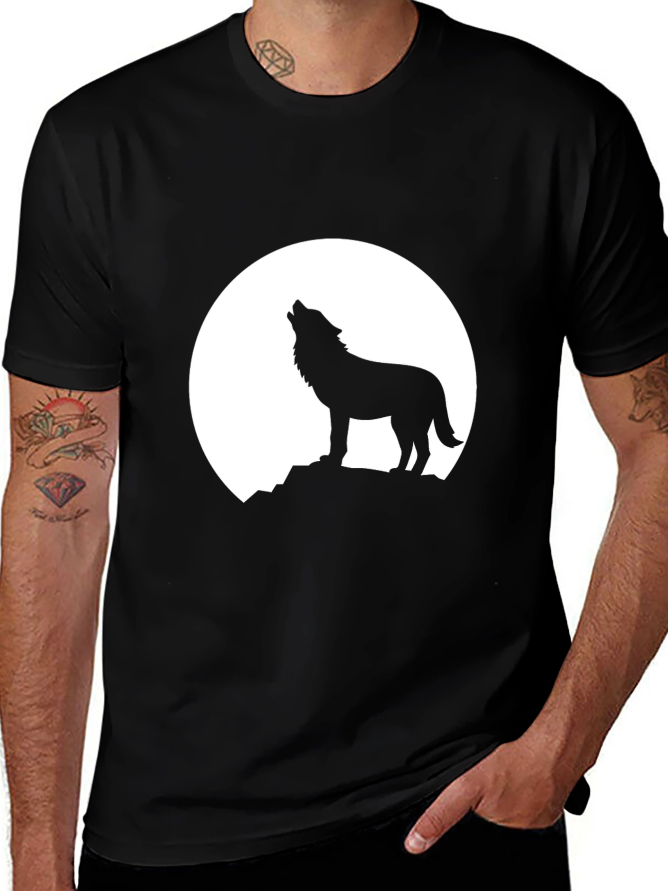 Variant 5 of Wolf Howling Moon Graphic Black T-Shirt