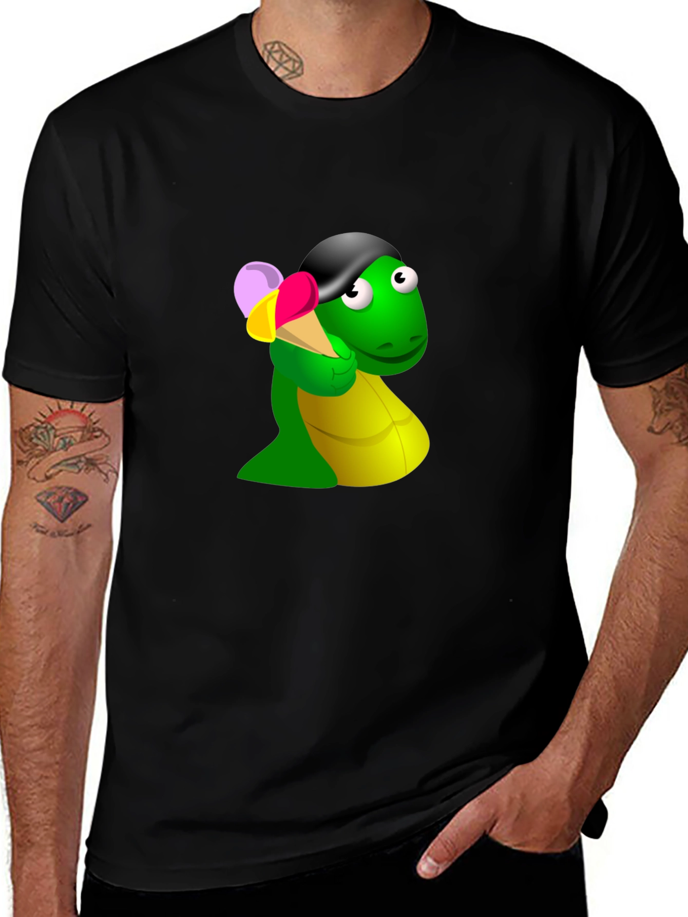 Variant 28 of Fun Cartoon Dino Ice Cream Black T-Shirt