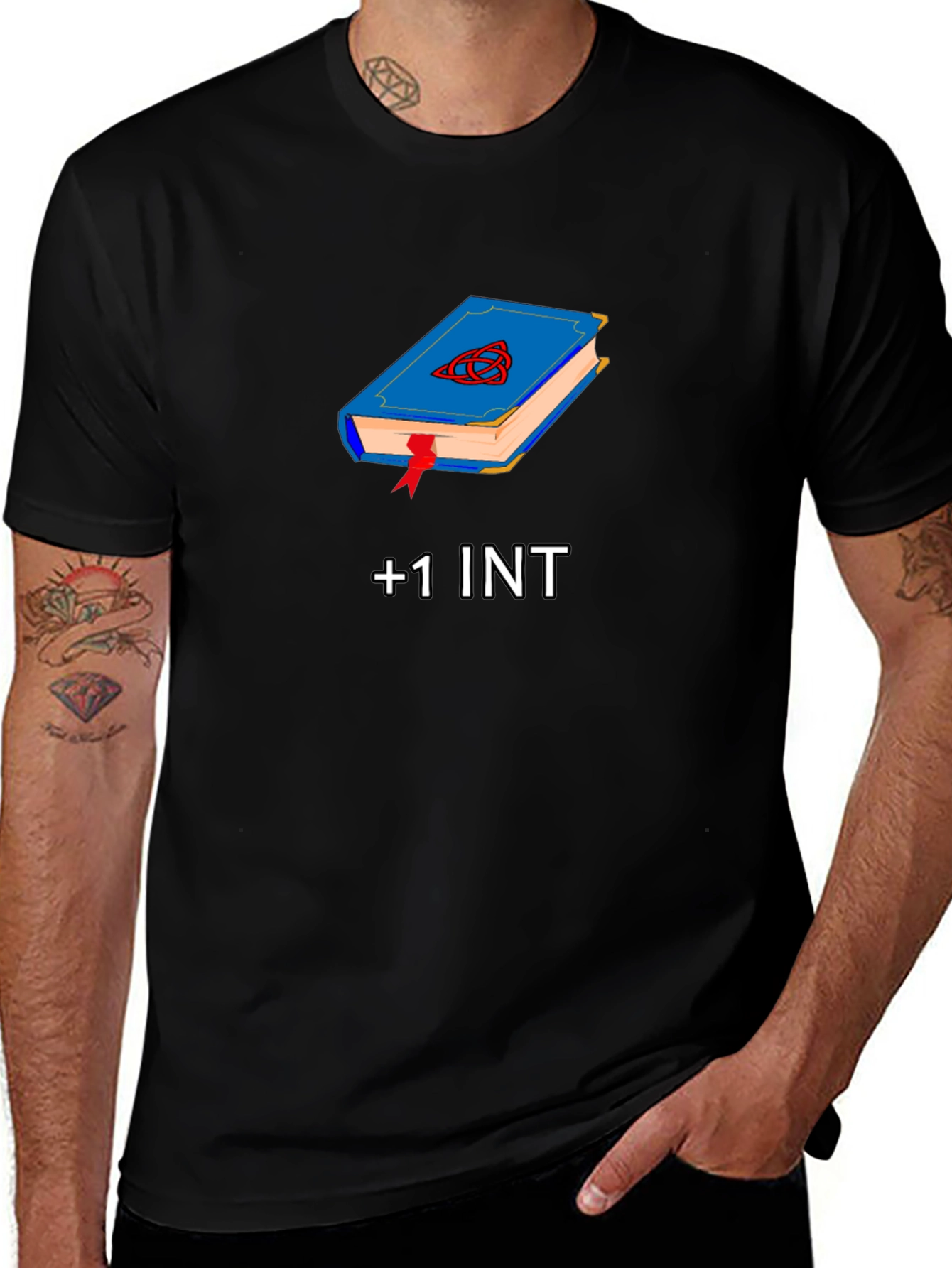 +1 INT Book Black T-Shirt RPG Gamer Tee