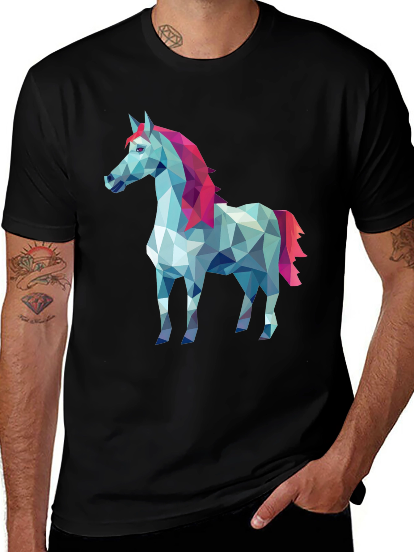 Geometric Horse Graphic Tee - Stylish Men's Black T-Shirt