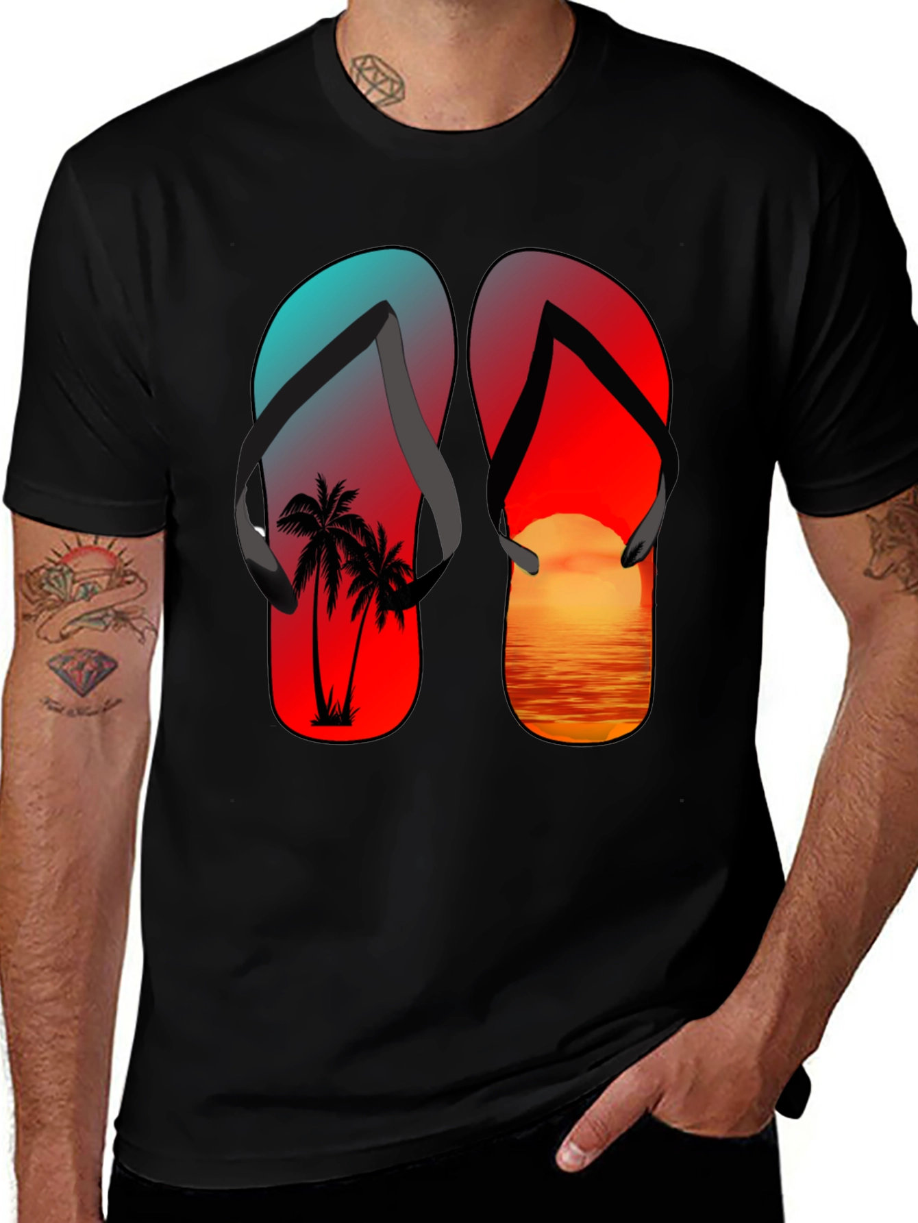 Black Tropical Flip Flop Sunset T-Shirt main image
