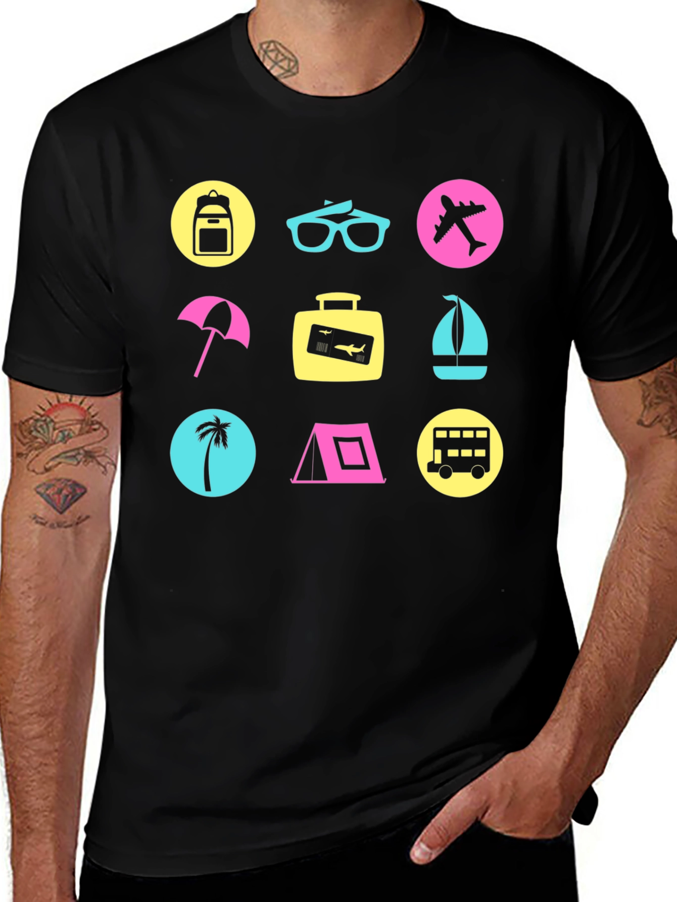 Variant 25 of Travel Icon Graphic T-Shirt - Black Cotton Tee