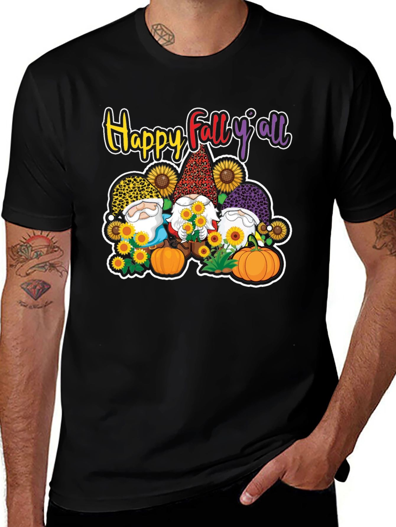 Variant 29 of Happy Fall Y'all Gnomes on Black T-Shirt