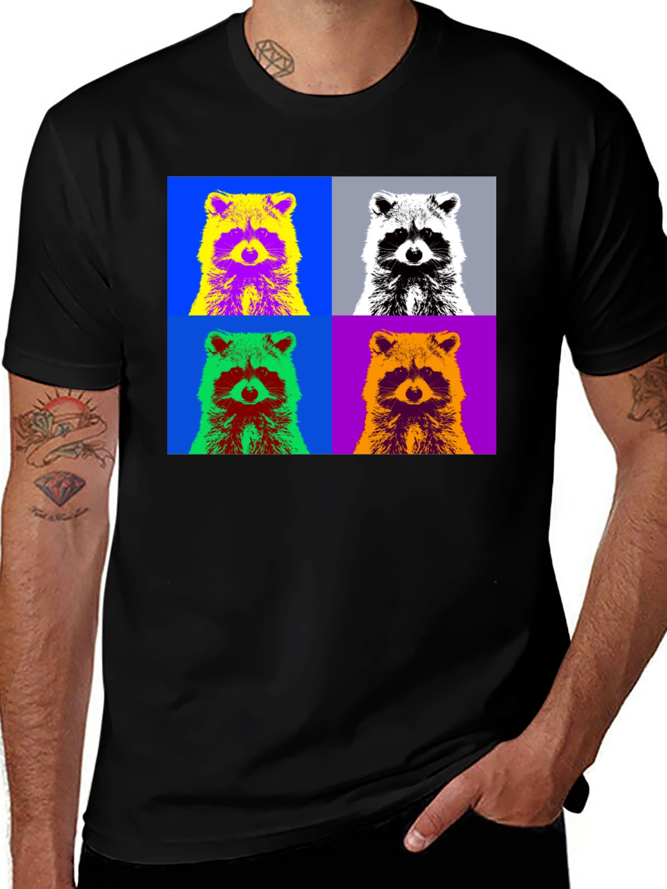 Variant 22 of Pop Art Raccoon Graphic Tee - Stylish Black T-Shirt